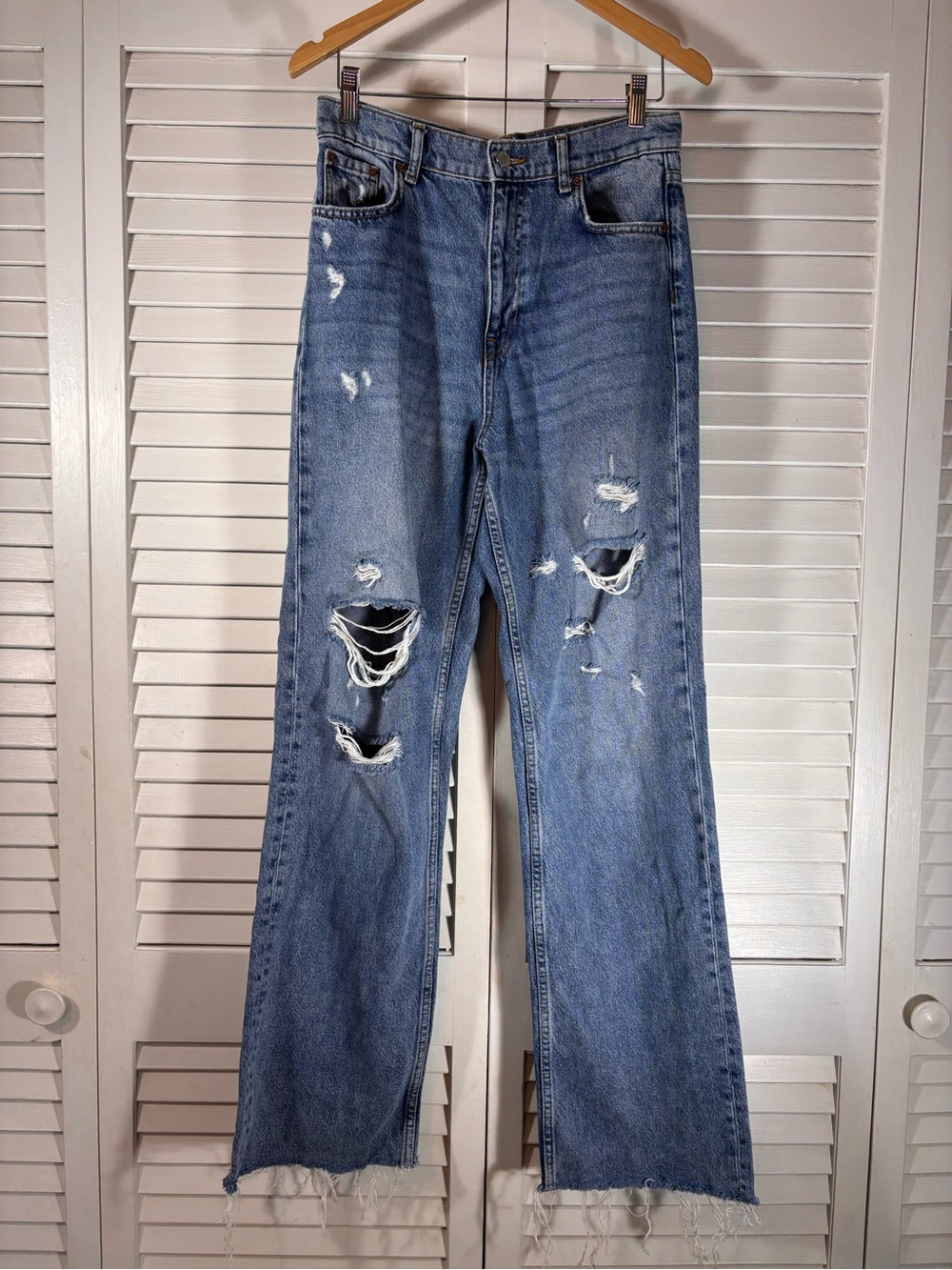 Zara 90s Full Length Jeans High Rise Wide Leg Medium Blue Wash Size 6